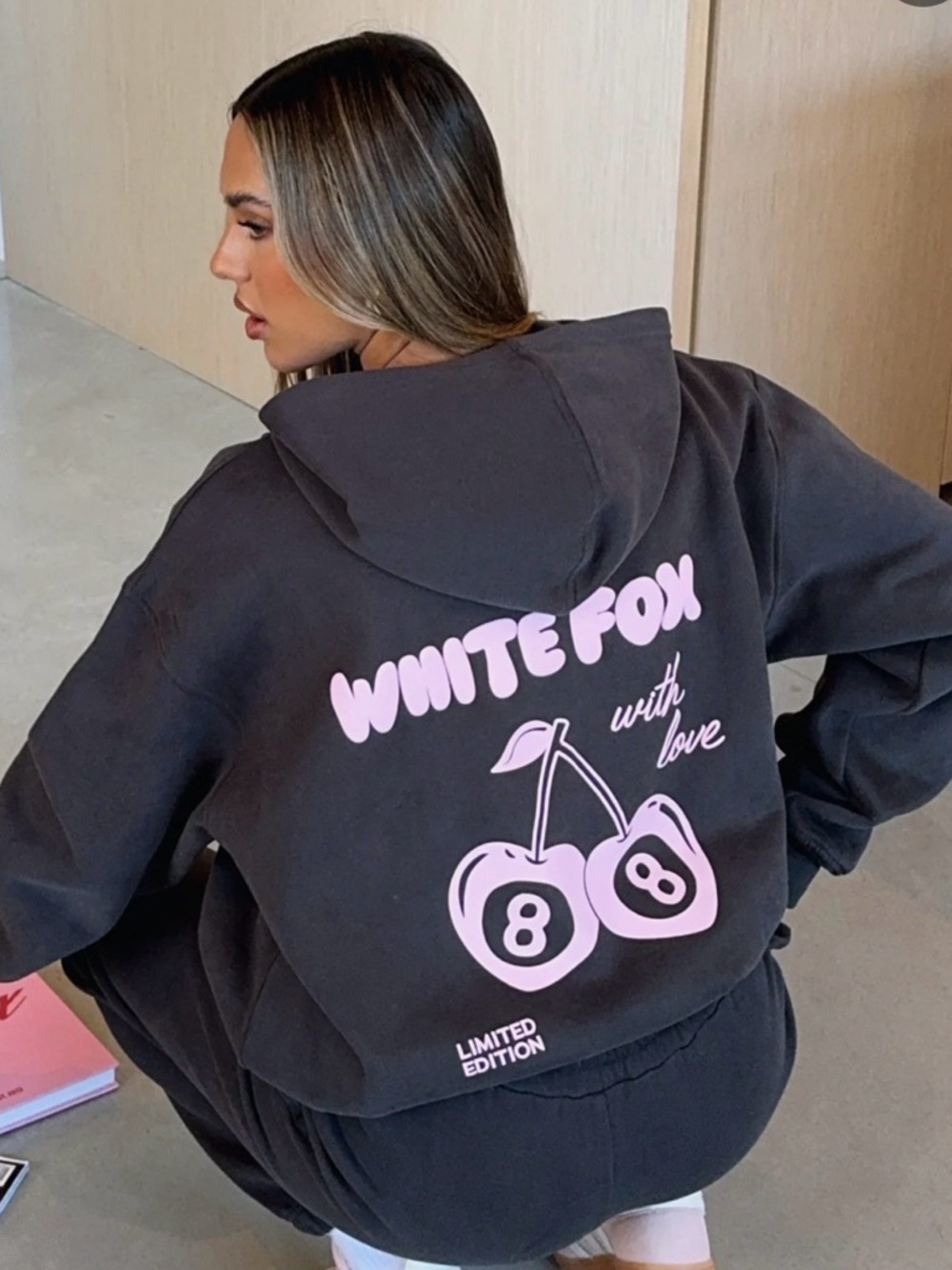 Charcoal Graphic Hoodie - Pink Cherry Back Print- M/L